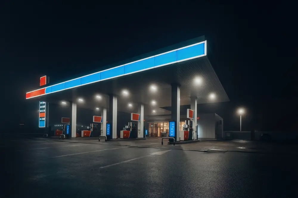 Petrol pump construction in Pakistan: fuel station forecourt with canopy and dispensers