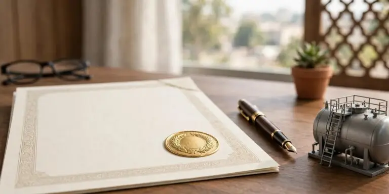 DPL licence certificate with a gold seal on an office desk