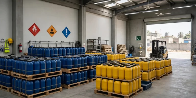 Chemical drums and cans stored in a Form M licensed godown