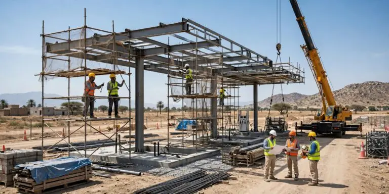 Petrol pump canopy steel structure under construction with a crane